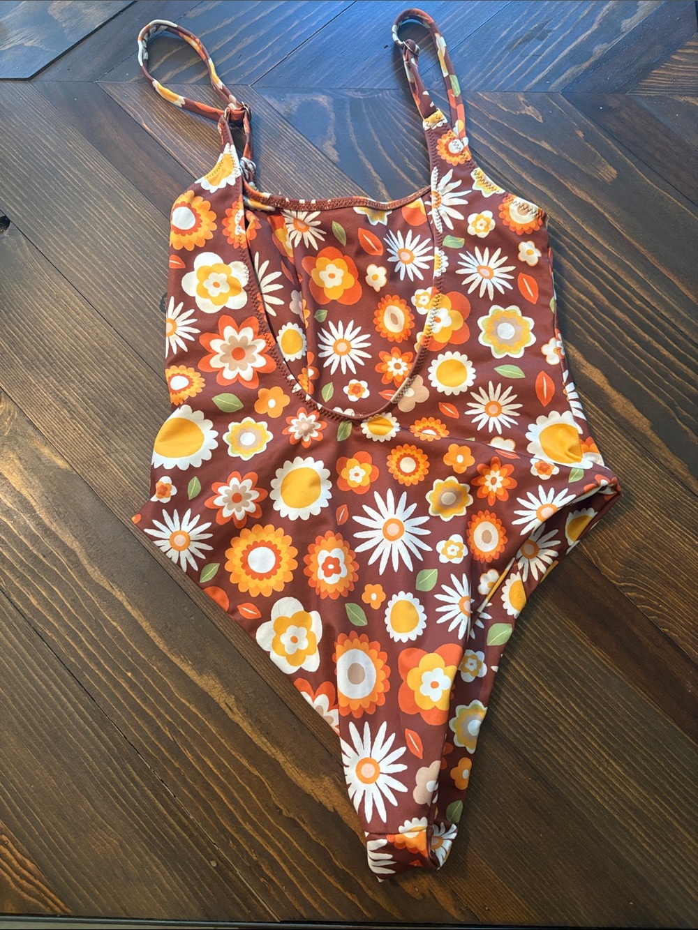 Retro Floral One-Piece Swimsuit — Brown & Orange - Picture 3 of 3